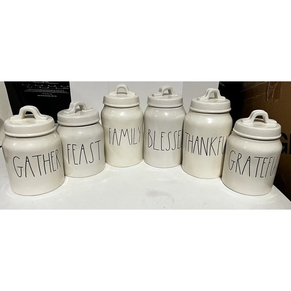 Rae Dunn 2018 OG Feast Gather Grateful Family Thankful Blessed Canisters HTF